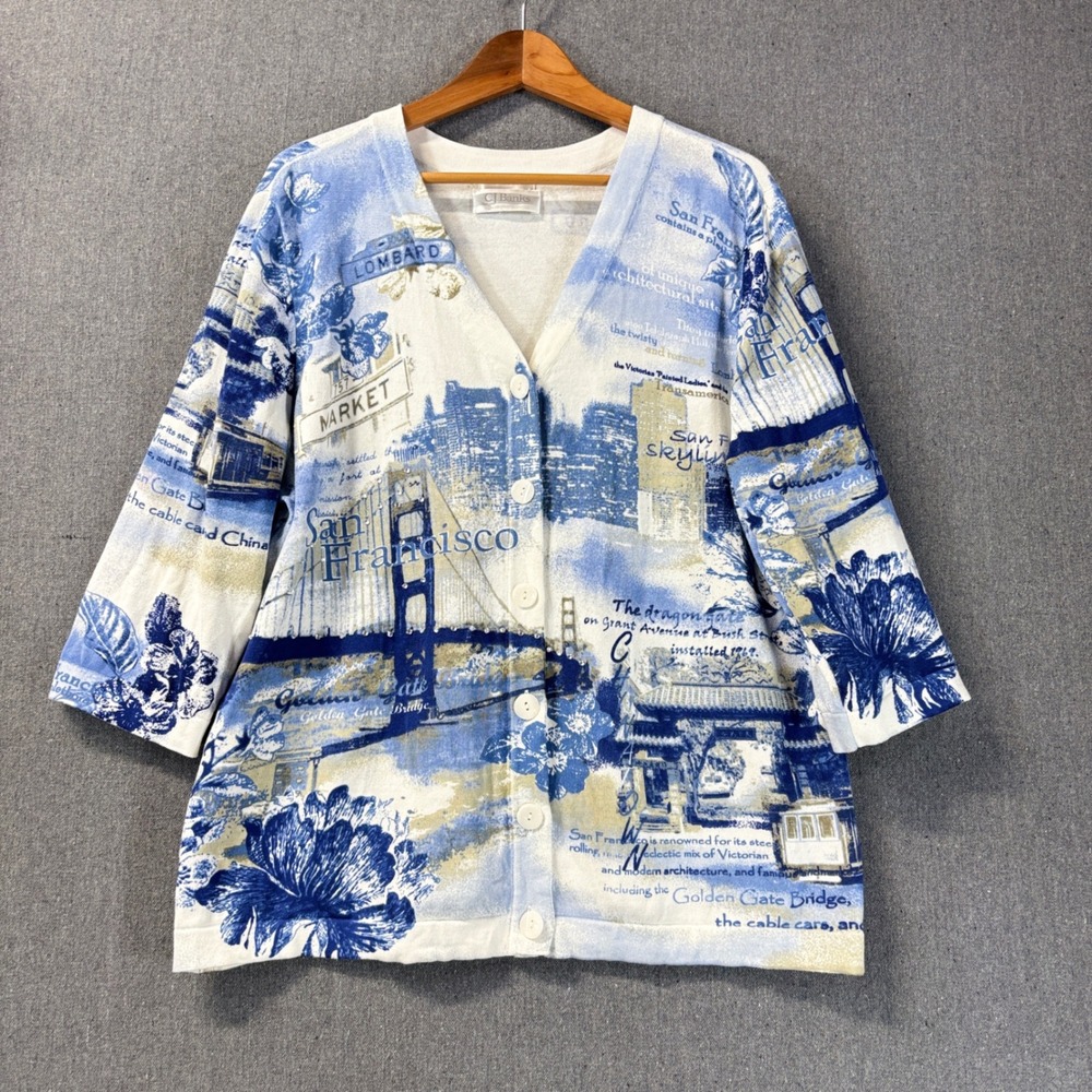 CJ Banks Novelty Cardigan Hand Embroidered SF Skyline Rhinestone Grandmacore L